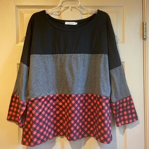 MISSLOOK Colorblock Long Sleeve Black, Gray, and Red Plaid Top, Size Large‎